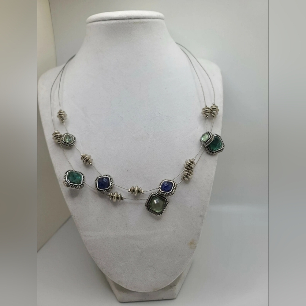 Vintage Napier Colorful Rhinestone Waterfall Necklace Silver-Tone